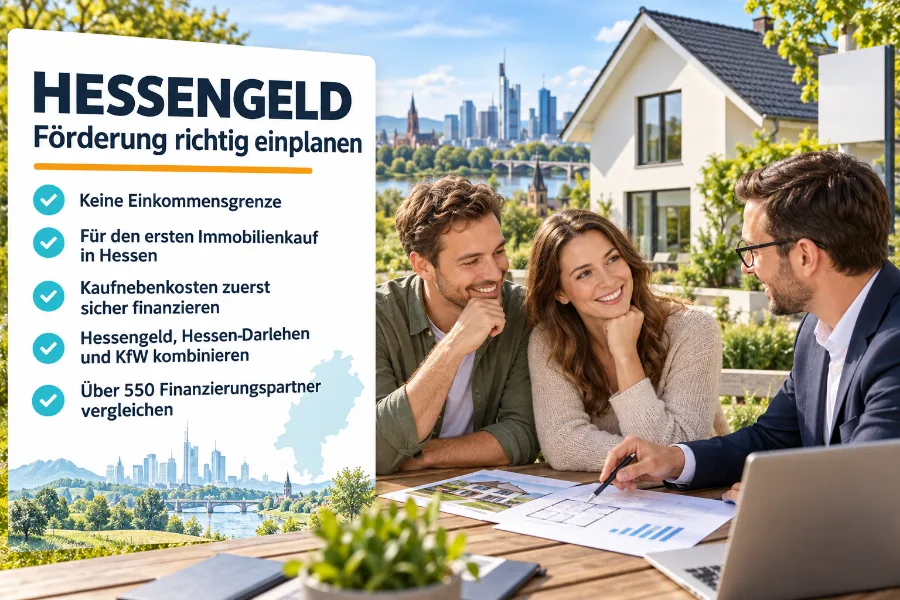 Hessengeld ohne Einkommensgrenze, Paar mit Finanzierungsberater beim ersten Immobilienkauf in Hessen, Hessengeld, Hessen-Darlehen und KfW kombinieren
