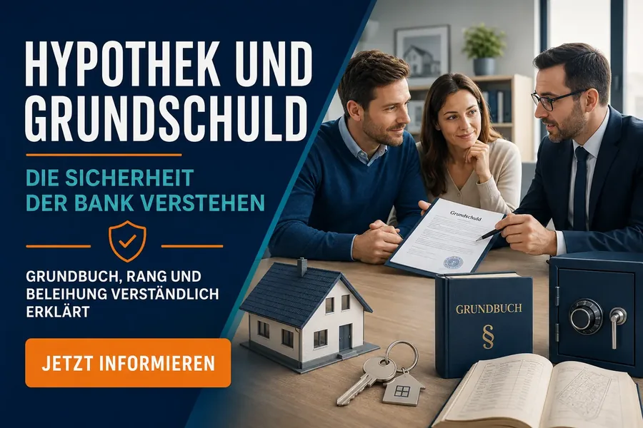 Paar bespricht mit Berater anhand von Hausmodell, Grundbuch und Grundschuldunterlagen die Sicherheit eines Hauskredits.