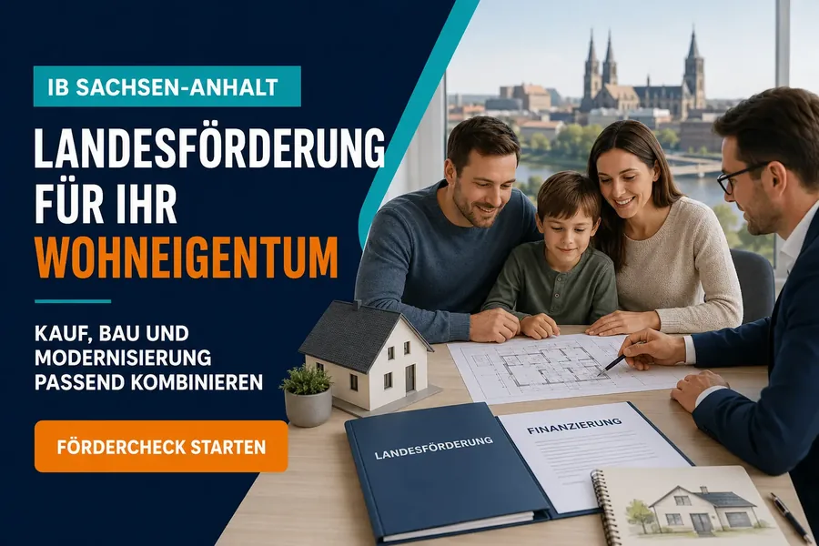 Familie plant mit Berater, Hausmodell und Unterlagen die IB Sachsen-Anhalt Förderung für Kauf, Bau und Modernisierung.