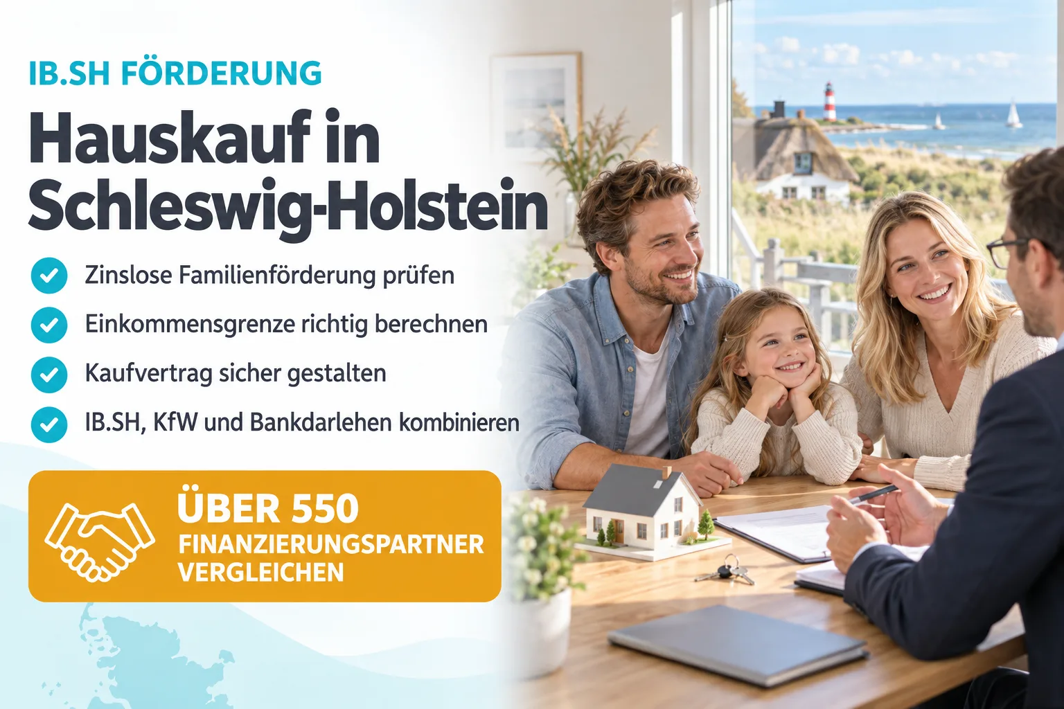 IB.SH Förderung beim Hauskauf in Schleswig-Holstein: Familie mit Kind im Beratungsgespräch, zinslose Familienförderung und IB.SH Einkommensgrenze prüfen
