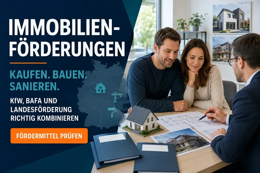 Paar plant mit Baufinanzierungsberater, Hausmodell und Förderunterlagen Immobilien-Förderungen von KfW, BAFA und Landesförderbanken.