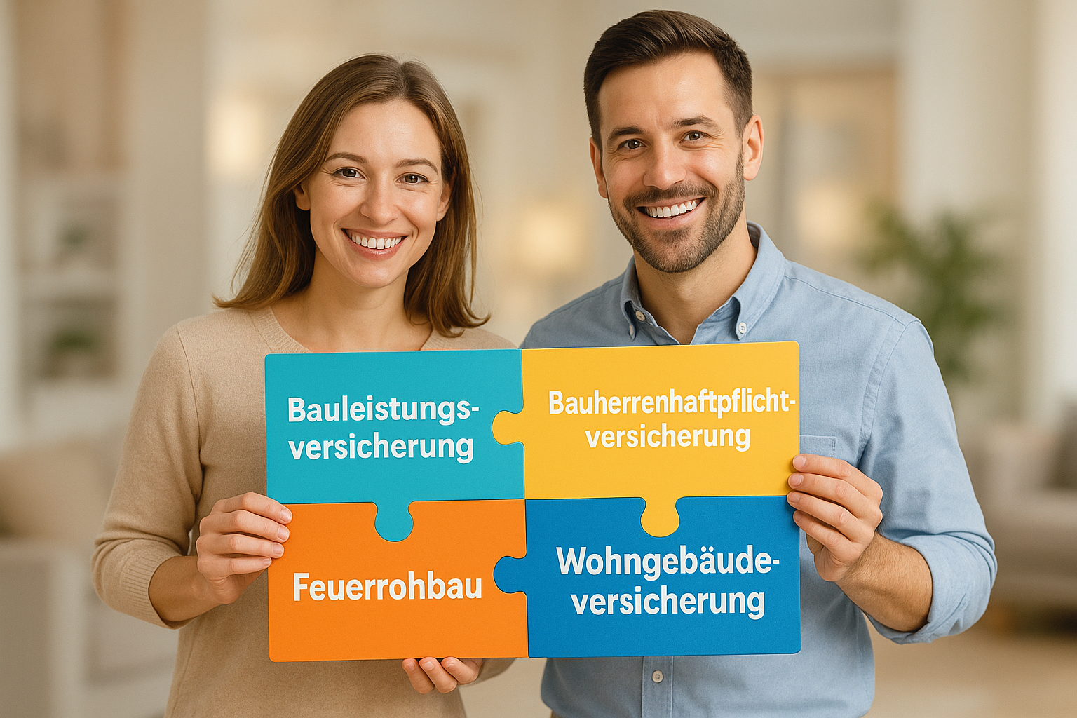 Grafik: Übersicht Bauversicherungen für die Immobilienfinanzierung - Bauherrenhaftpflicht, Bauleistung, Feuerrohbau und Wohngebäude unter einem Schutzschirm