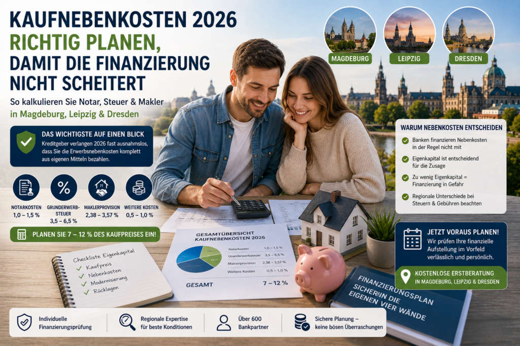 Junges Paar berechnet Kaufnebenkosten für Hauskauf und Immobilienfinanzierung in Magdeburg Leipzig und Dresden