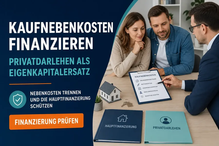 Paar und Berater trennen am Hausmodell Hauptfinanzierung und Privatdarlehen zur Finanzierung der Kaufnebenkosten.