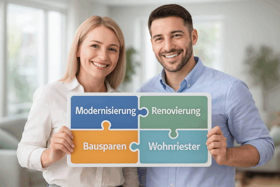 Grafik: Übersicht Modernisierung und Renovierung, Finanzierung über Bausparen, Wohnriester und staatliche Förderung