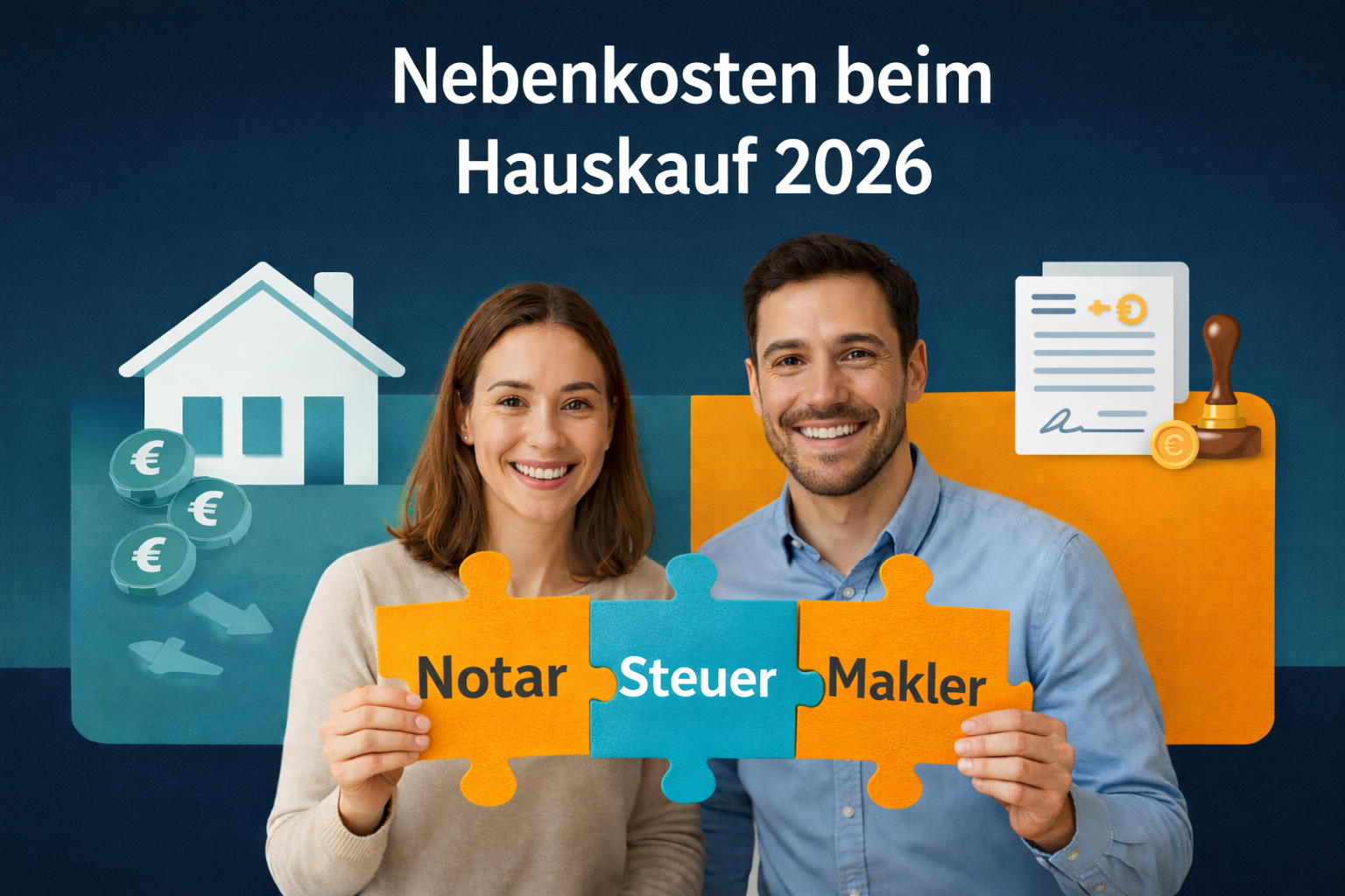 Nebenkosten beim Hauskauf 2026: Paar hält Puzzle mit Notar, Steuer und Makler
