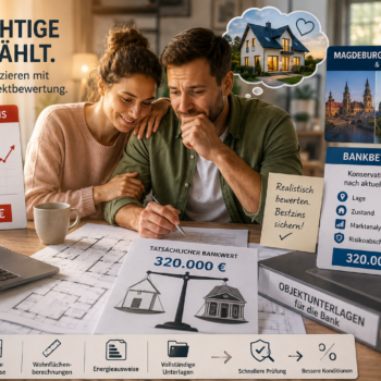Junges Paar vergleicht Verkäuferpreis und tatsächlichen Bankwert einer Immobilie für die Immobilienfinanzierung