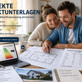 Junges Paar prüft Grundrisse, Wohnflächenberechnung und Energieausweis für eine erfolgreiche Immobilienfinanzierung