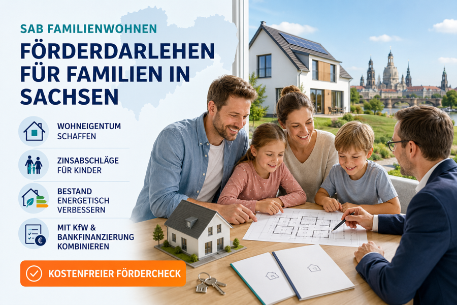 Familie mit zwei Kindern im Beratungsgespräch zum Förderdarlehen SAB Familienwohnen, im Hintergrund die Dresdner Altstadt und ein energetisch saniertes Einfamilienhaus