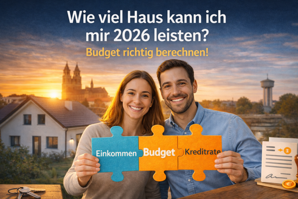 Familie berechnet Hauskauf-Budget 2026: Eltern zeigen Grundriss auf Tablet, Kinder spielen im neuen Zuhause