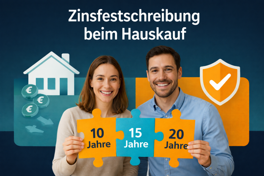 Zinsbindung beim Hauskauf: Paar hält Puzzle mit 10, 15 und 20 Jahren für Immobilienfinanzierung